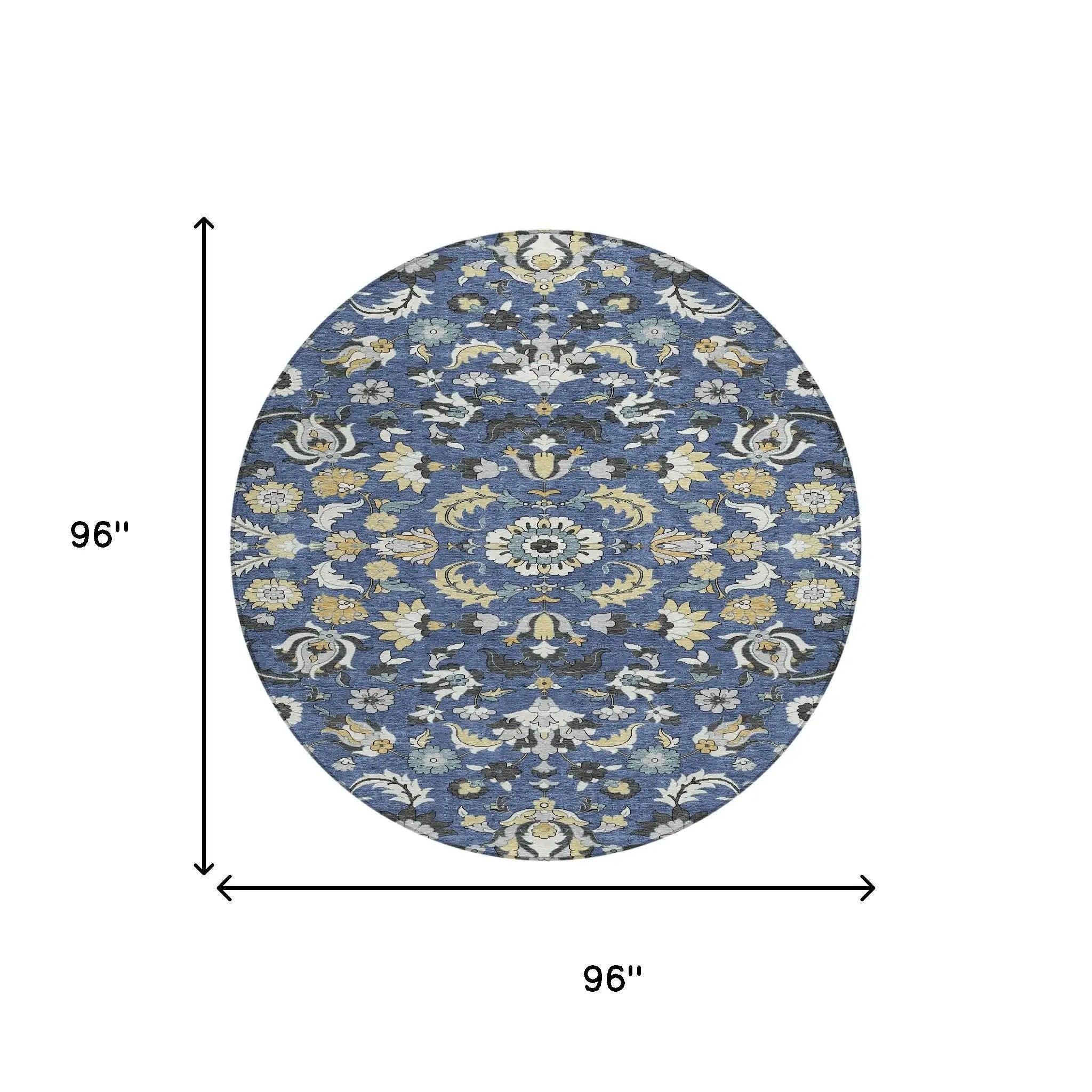 8' Navy Blue And Wheat Round Floral Medallion Washable Indoor Outdoor Area Rug Homeroots Outdoor