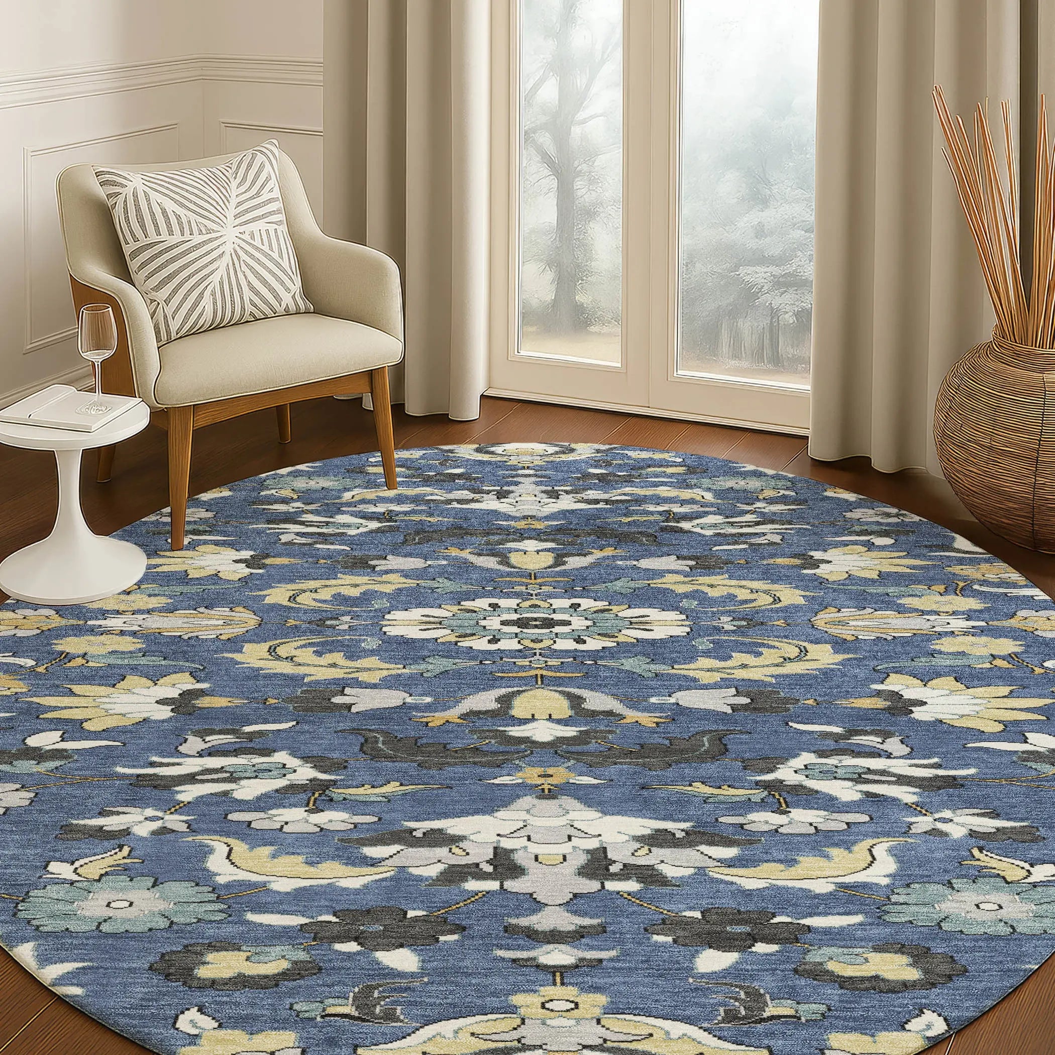 8' Navy Blue And Wheat Round Floral Medallion Washable Indoor Outdoor Area Rug Homeroots Outdoor