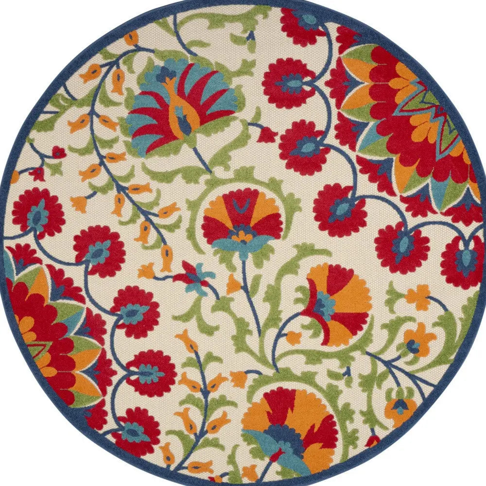 8' Navy Blue Beige Green Blue And Red Round Floral Indoor Outdoor Area Rug Homeroots Outdoor