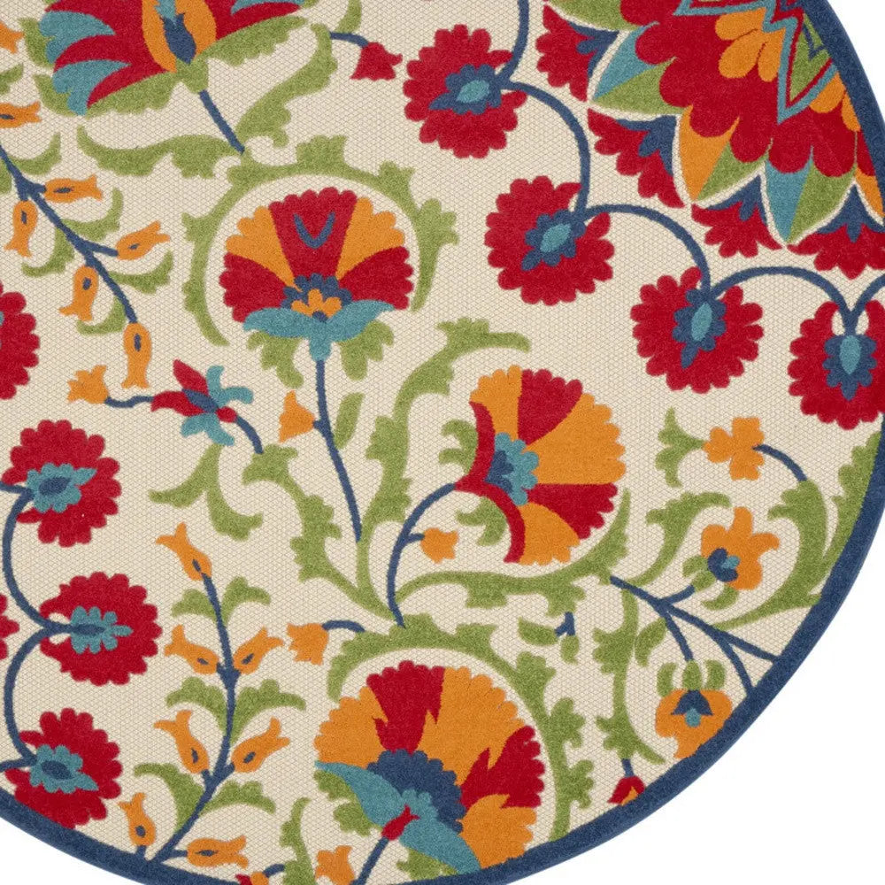 8' Navy Blue Beige Green Blue And Red Round Floral Indoor Outdoor Area Rug Homeroots Outdoor