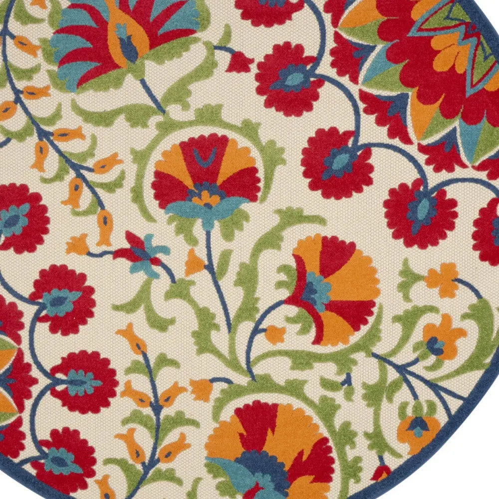 8' Navy Blue Beige Green Blue And Red Round Floral Indoor Outdoor Area Rug Homeroots Outdoor