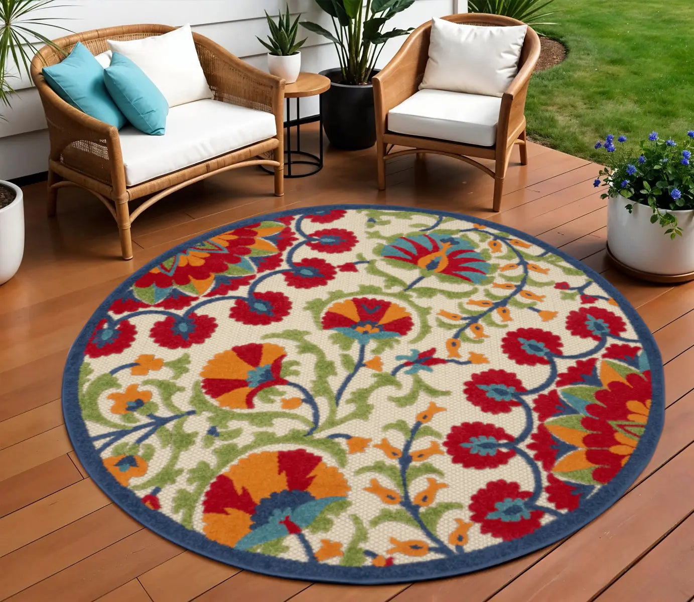 8' Navy Blue Beige Green Blue And Red Round Floral Indoor Outdoor Area Rug Homeroots Outdoor