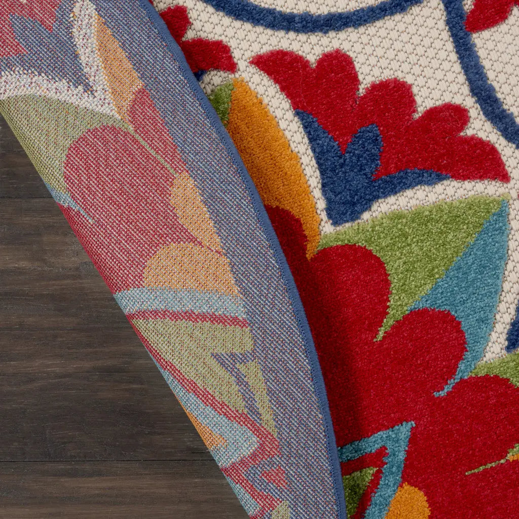 8' Navy Blue Beige Green Blue And Red Round Floral Indoor Outdoor Area Rug Homeroots Outdoor