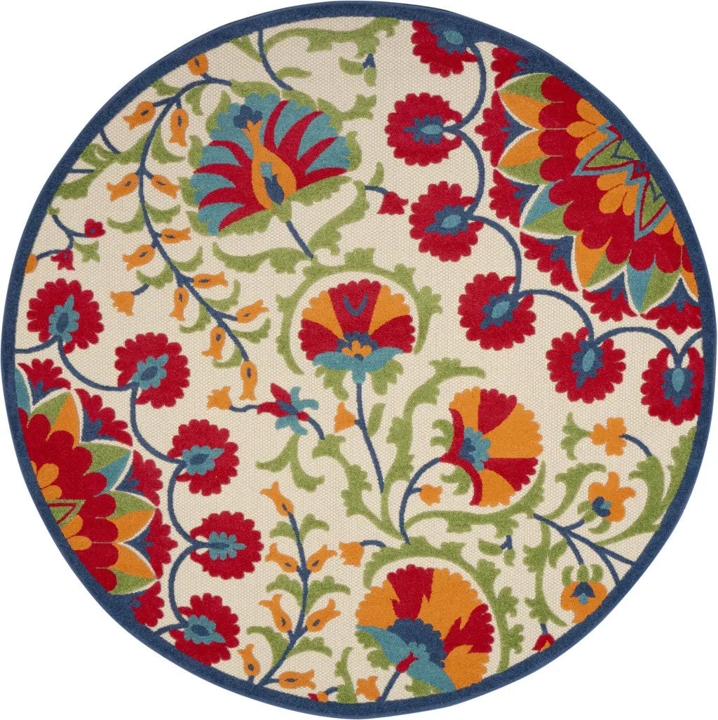 8' Navy Blue Beige Green Blue And Red Round Floral Indoor Outdoor Area Rug Homeroots Outdoor