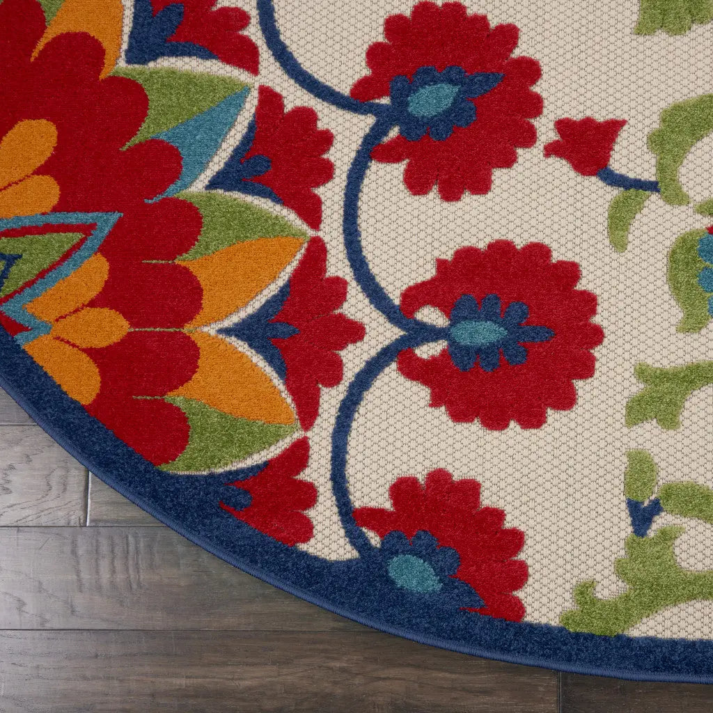 8' Navy Blue Beige Green Blue And Red Round Floral Indoor Outdoor Area Rug Homeroots Outdoor