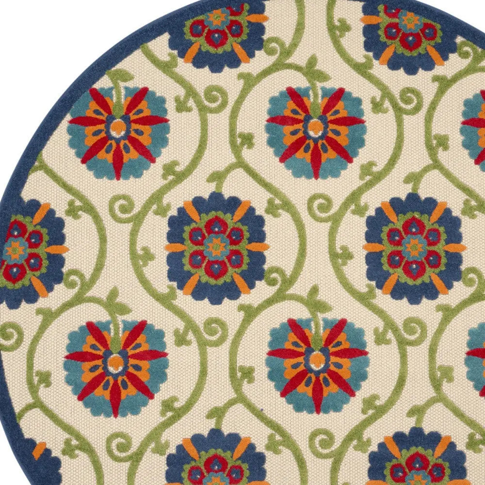 8' Navy Blue Beige Green Blue And Red Round Floral Indoor Outdoor Area Rug Homeroots Outdoor