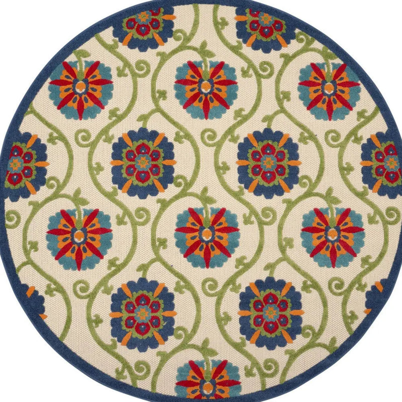8' Navy Blue Beige Green Blue And Red Round Floral Indoor Outdoor Area Rug Homeroots Outdoor