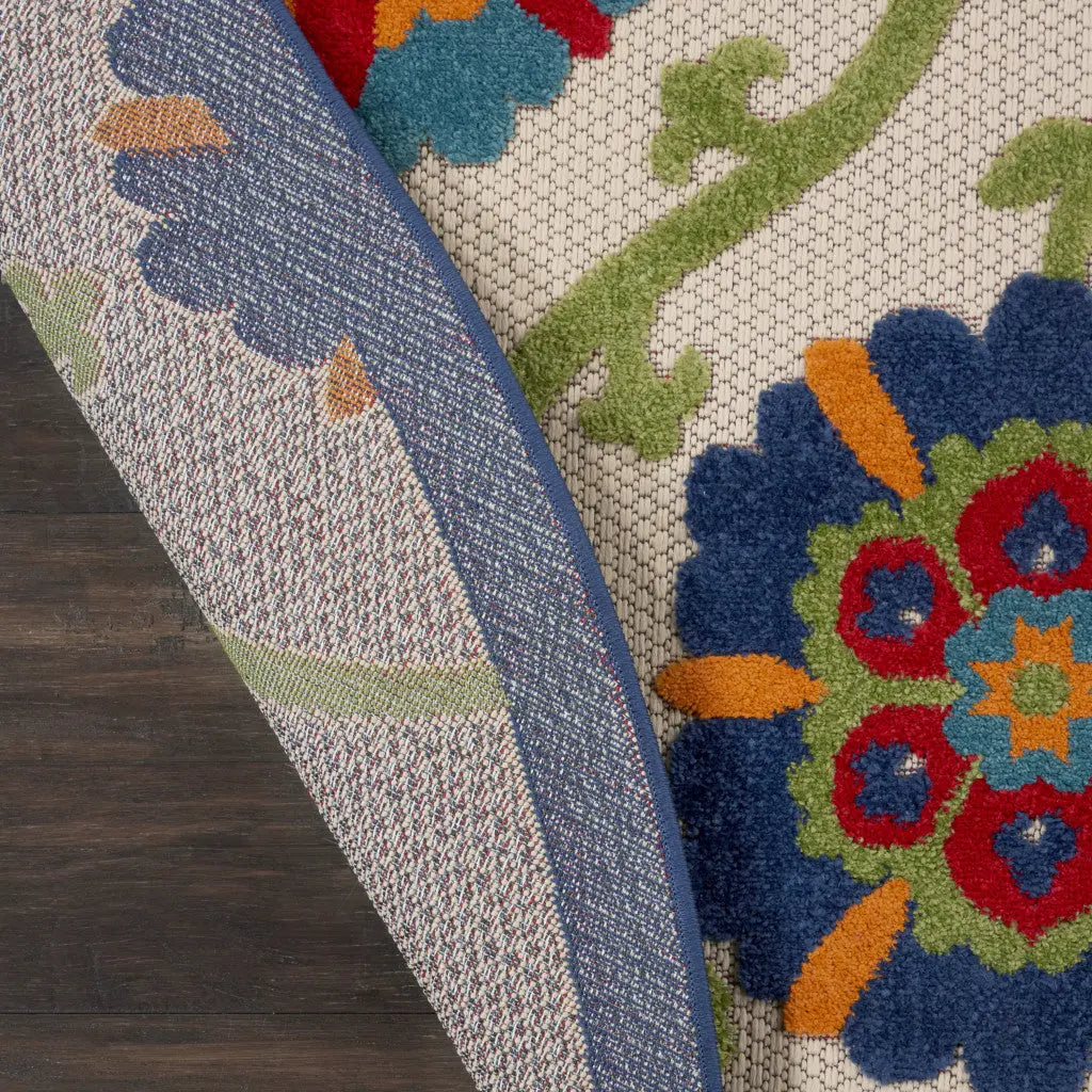 8' Navy Blue Beige Green Blue And Red Round Floral Indoor Outdoor Area Rug Homeroots Outdoor