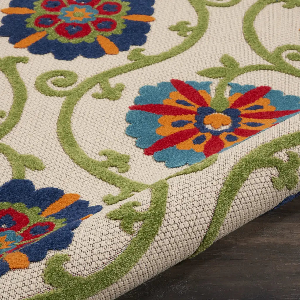 8' Navy Blue Beige Green Blue And Red Round Floral Indoor Outdoor Area Rug Homeroots Outdoor