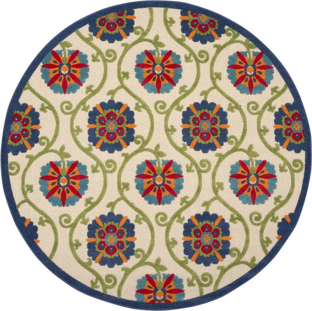 8' Navy Blue Beige Green Blue And Red Round Floral Indoor Outdoor Area Rug Homeroots Outdoor