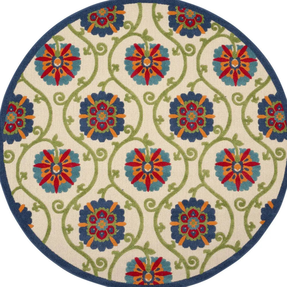 8' Navy Blue Beige Green Blue And Red Round Floral Indoor Outdoor Area Rug Homeroots Outdoor