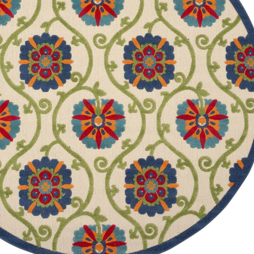 8' Navy Blue Beige Green Blue And Red Round Floral Indoor Outdoor Area Rug Homeroots Outdoor