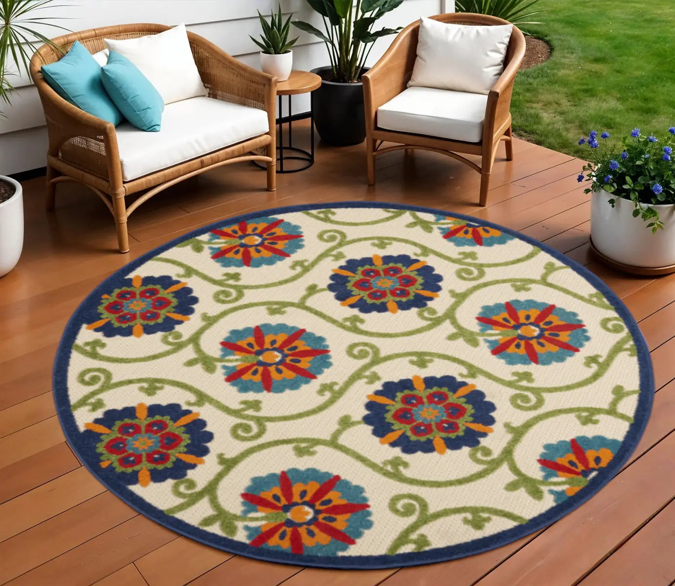 8' Navy Blue Beige Green Blue And Red Round Floral Indoor Outdoor Area Rug Homeroots Outdoor