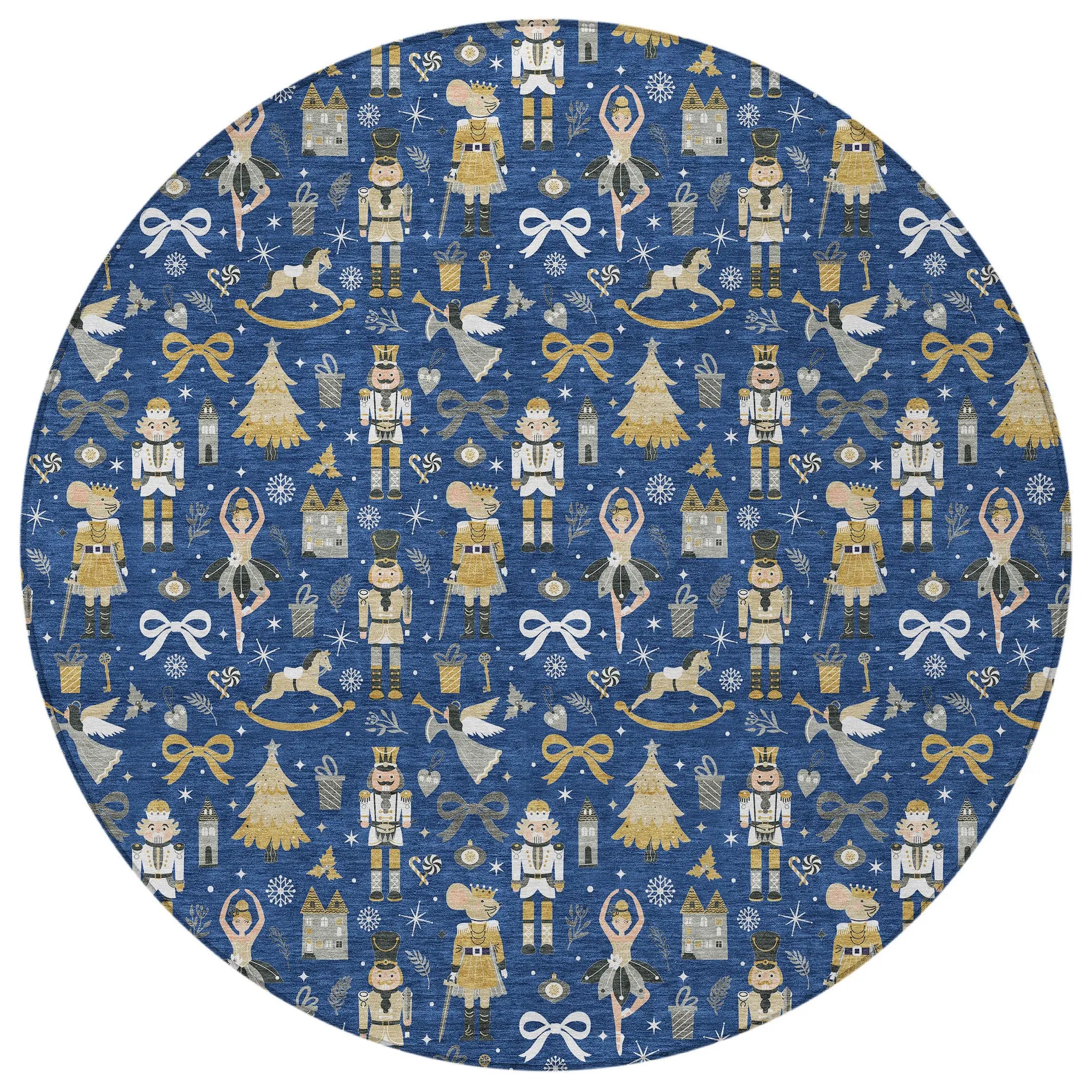 8' Navy Blue Gold Black And Gray Round Village House Washable Indoor Outdoor Area Rug Homeroots Outdoor