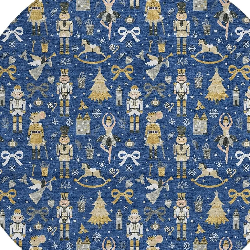 8' Navy Blue Gold Black And Gray Round Village House Washable Indoor Outdoor Area Rug Homeroots Outdoor
