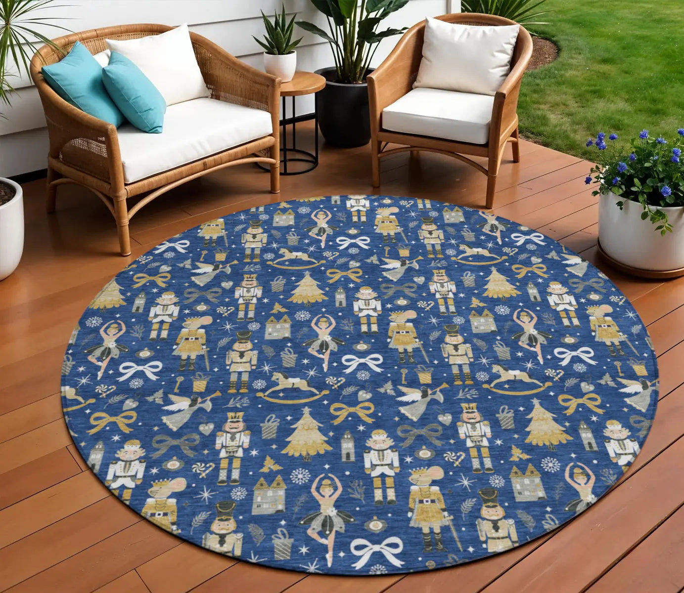 8' Navy Blue Gold Black And Gray Round Village House Washable Indoor Outdoor Area Rug Homeroots Outdoor