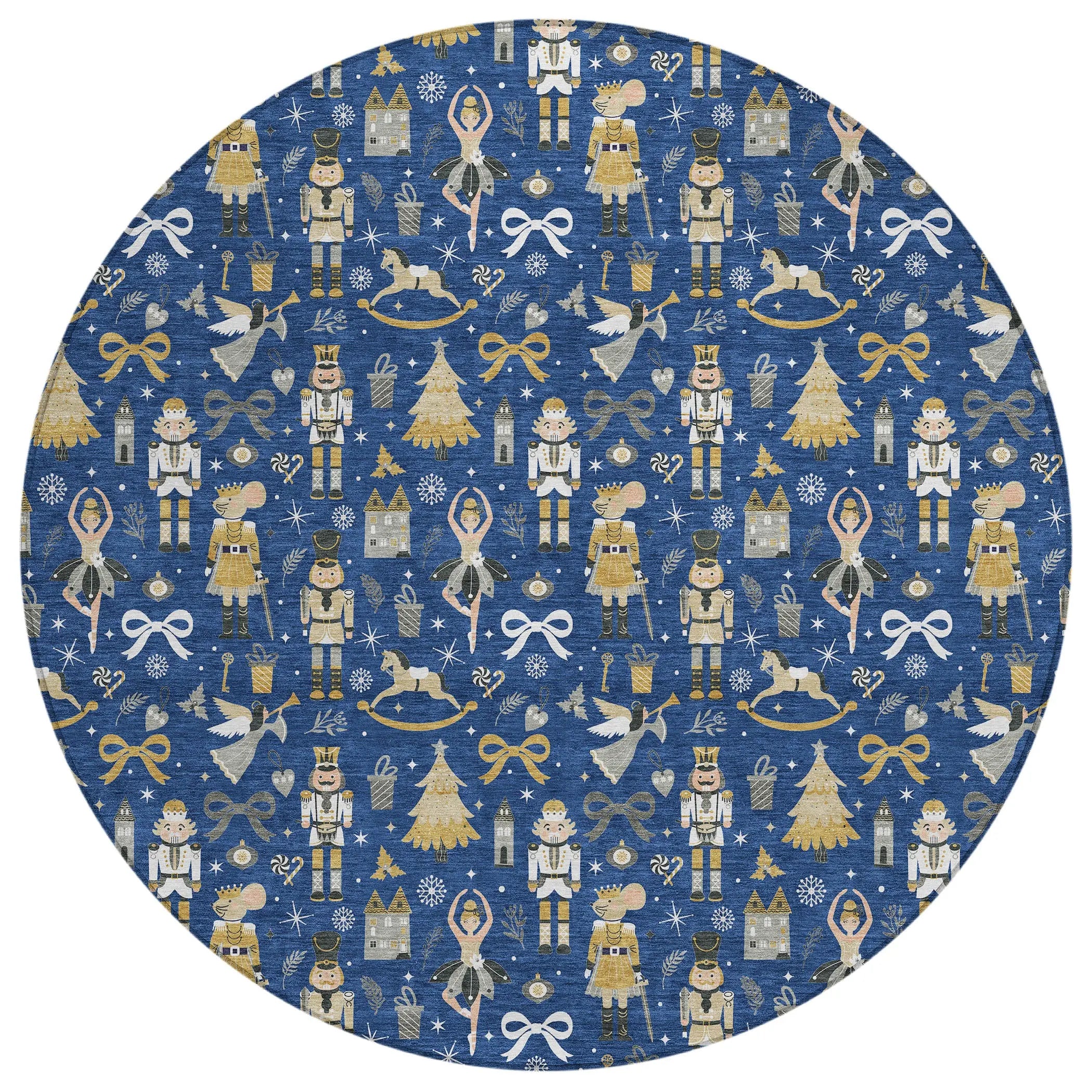 8' Navy Blue Gold Black And Gray Round Village House Washable Indoor Outdoor Area Rug Homeroots Outdoor