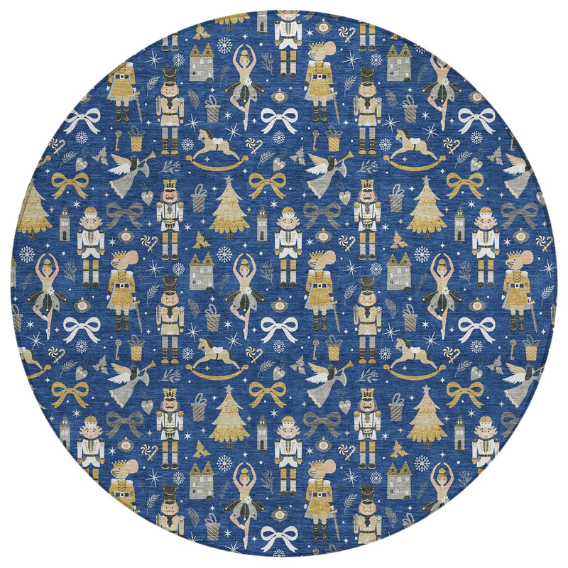 8' Navy Blue Gold Black And Gray Round Village House Washable Indoor Outdoor Area Rug Homeroots Outdoor