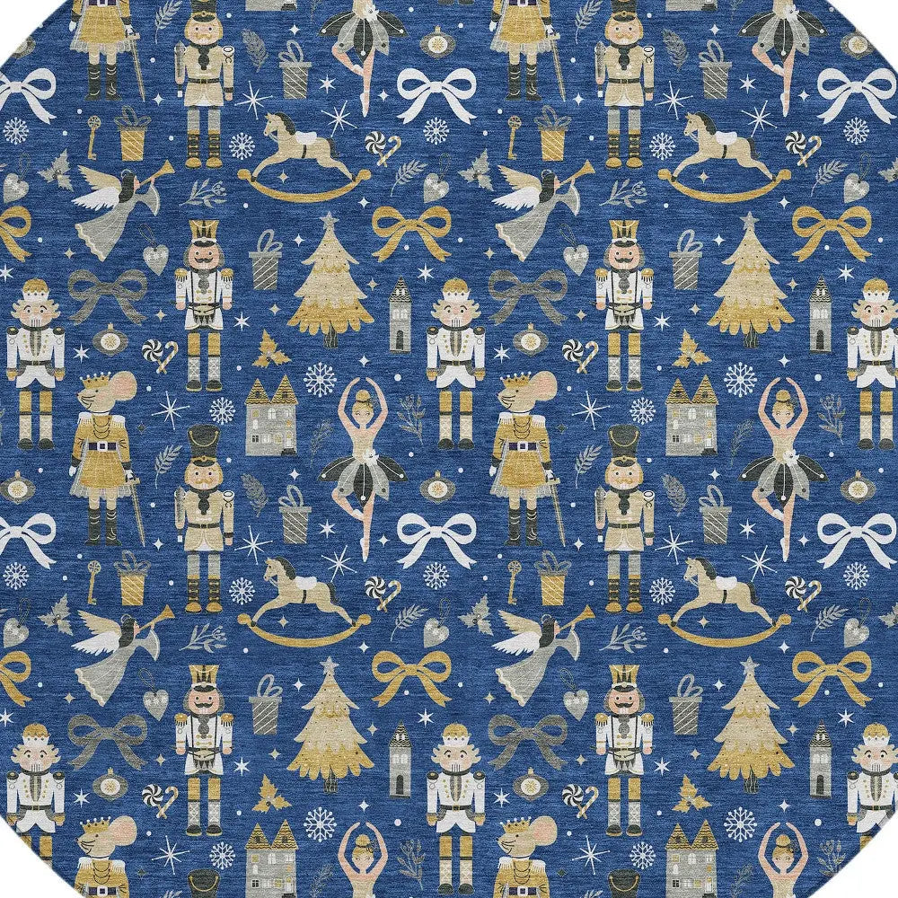 8' Navy Blue Gold Black And Gray Round Village House Washable Indoor Outdoor Area Rug Homeroots Outdoor