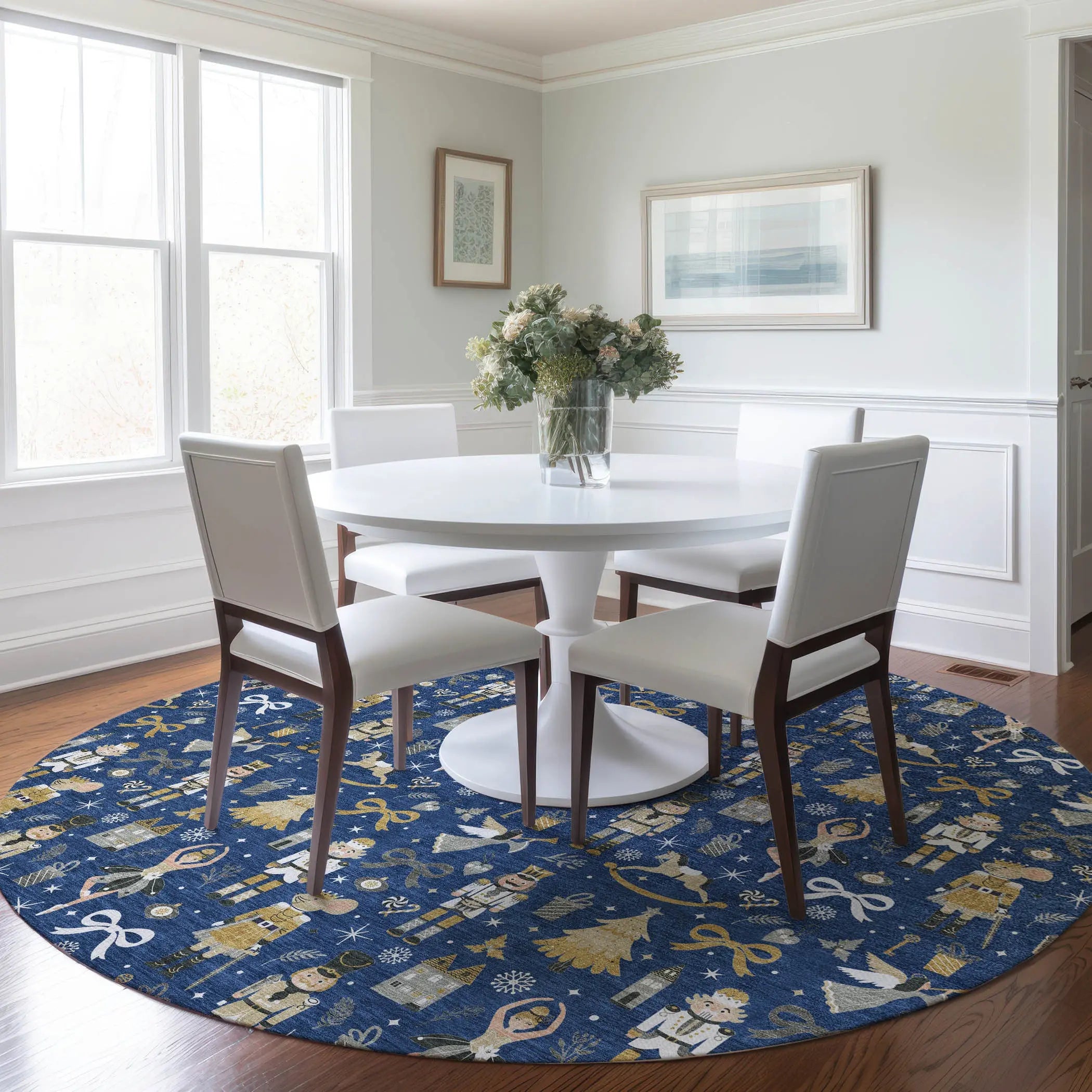 8' Navy Blue Gold Black And Gray Round Village House Washable Indoor Outdoor Area Rug Homeroots Outdoor