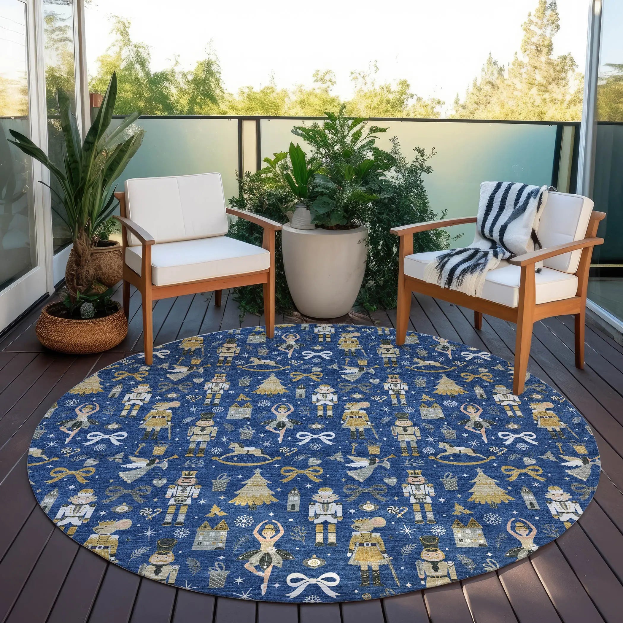 8' Navy Blue Gold Black And Gray Round Village House Washable Indoor Outdoor Area Rug Homeroots Outdoor