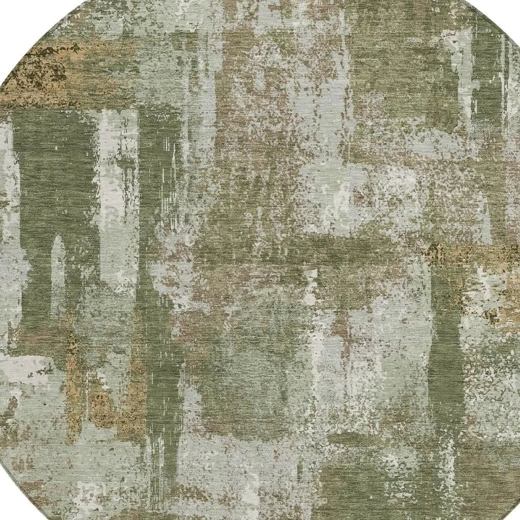 8' Olive Green And Beige Round Abstract Washable Indoor Outdoor Area Rug Homeroots Outdoor
