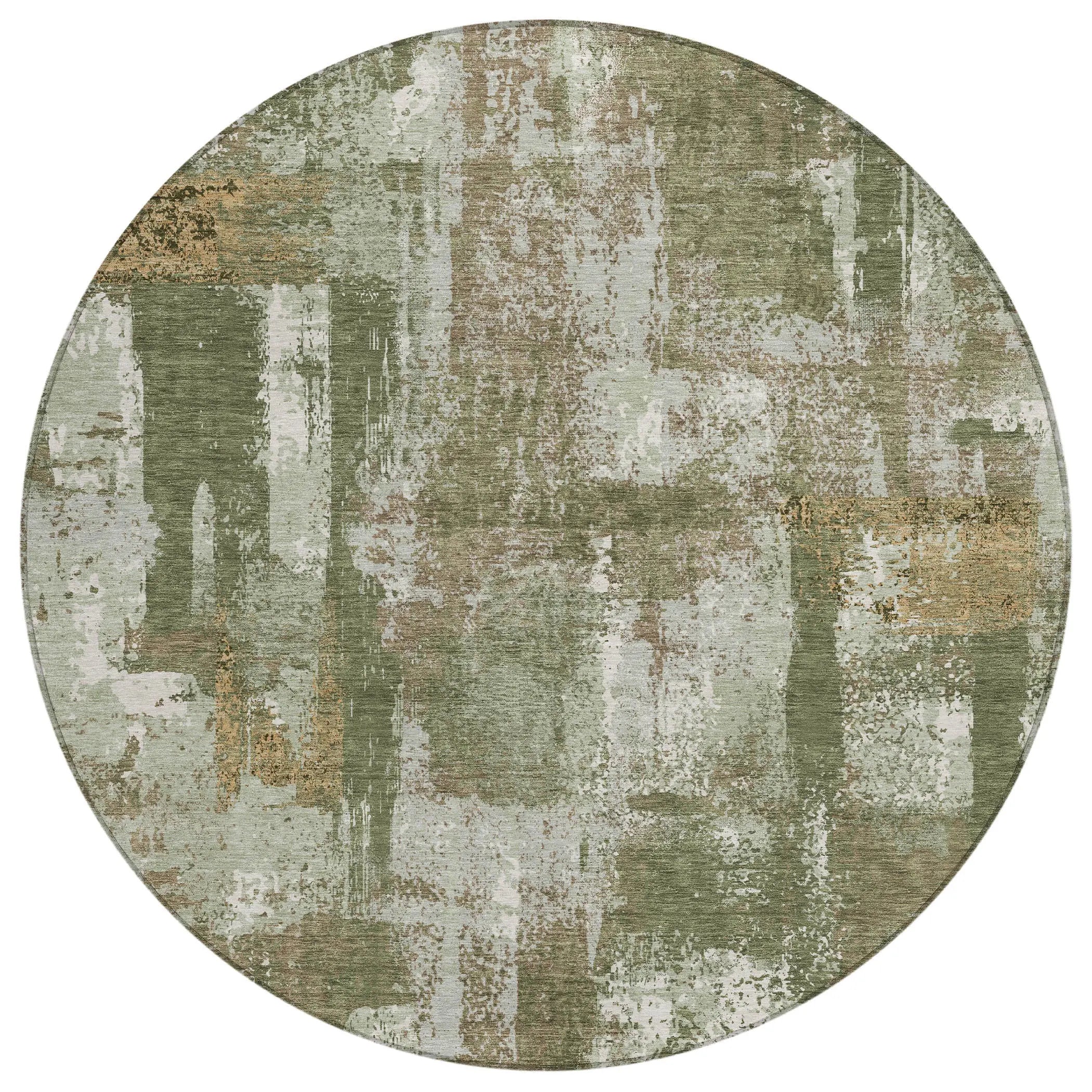 8' Olive Green And Beige Round Abstract Washable Indoor Outdoor Area Rug Homeroots Outdoor