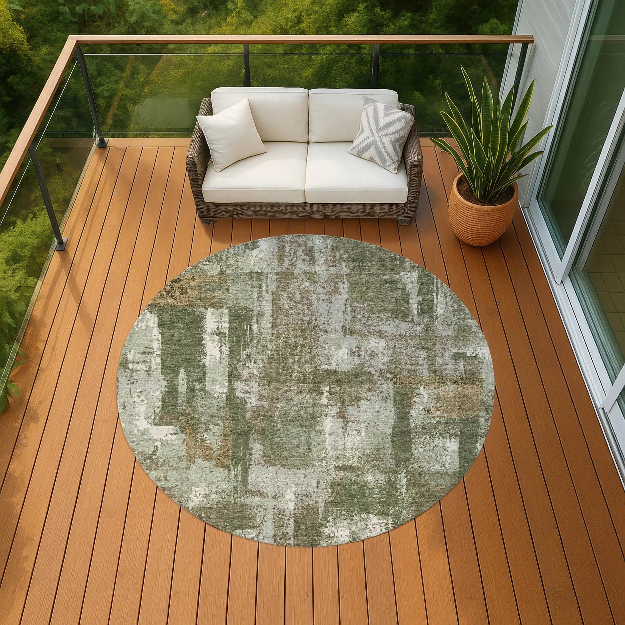 8' Olive Green And Beige Round Abstract Washable Indoor Outdoor Area Rug Homeroots Outdoor