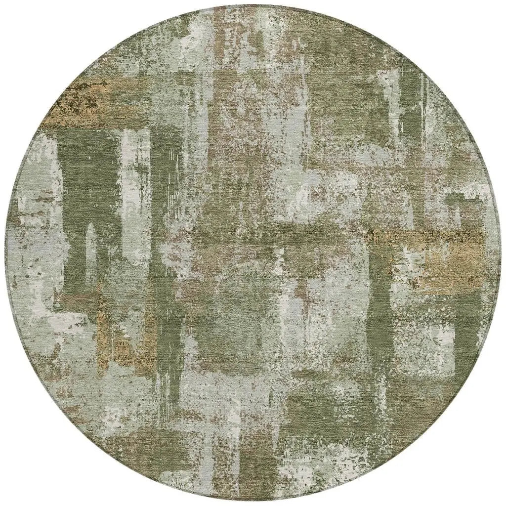 8' Olive Green And Beige Round Abstract Washable Indoor Outdoor Area Rug Homeroots Outdoor