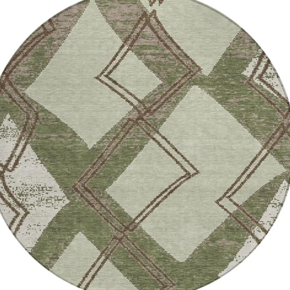 8' Olive Green And Beige Round Geometric Washable Indoor Outdoor Area Rug Homeroots Outdoor