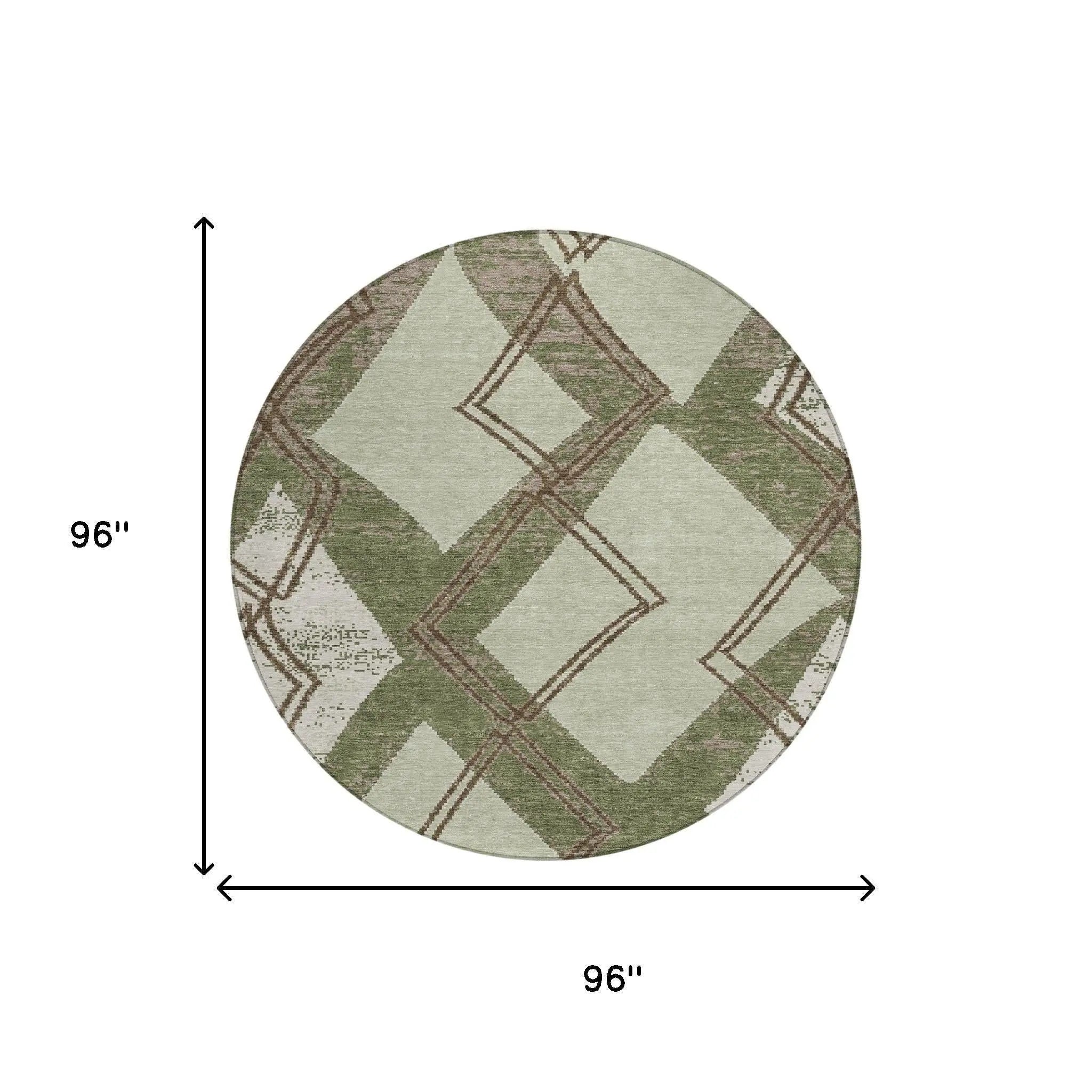 8' Olive Green And Beige Round Geometric Washable Indoor Outdoor Area Rug Homeroots Outdoor