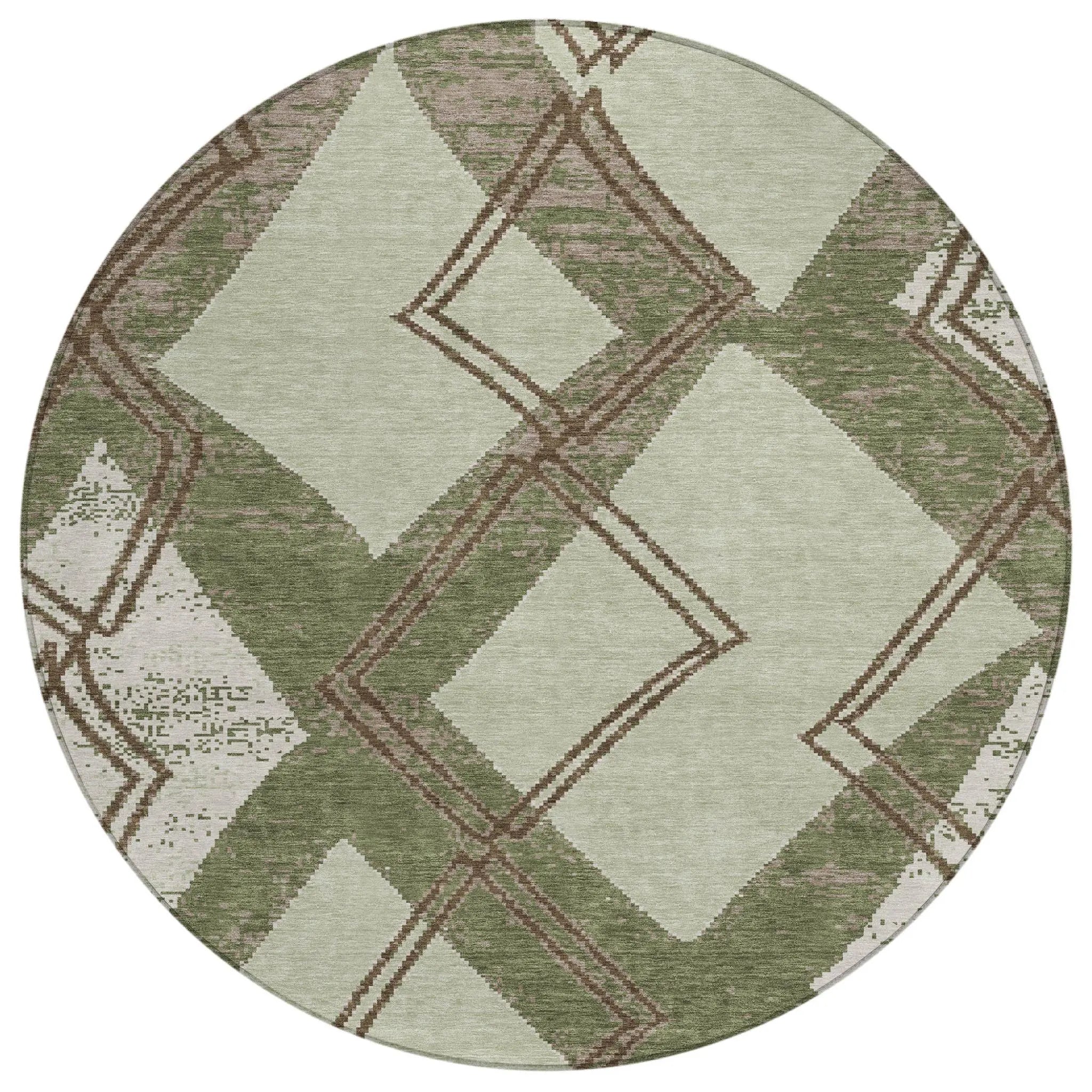 8' Olive Green And Beige Round Geometric Washable Indoor Outdoor Area Rug Homeroots Outdoor