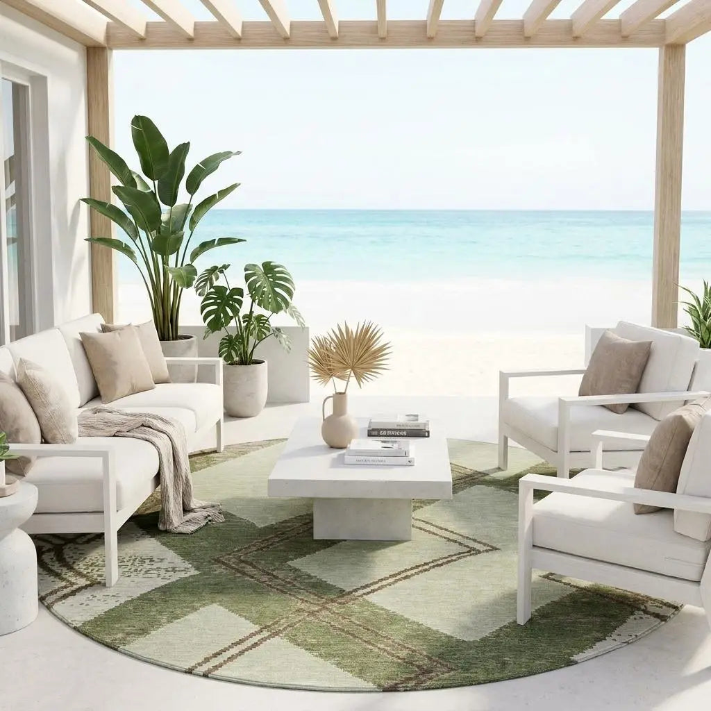8' Olive Green And Beige Round Geometric Washable Indoor Outdoor Area Rug Homeroots Outdoor