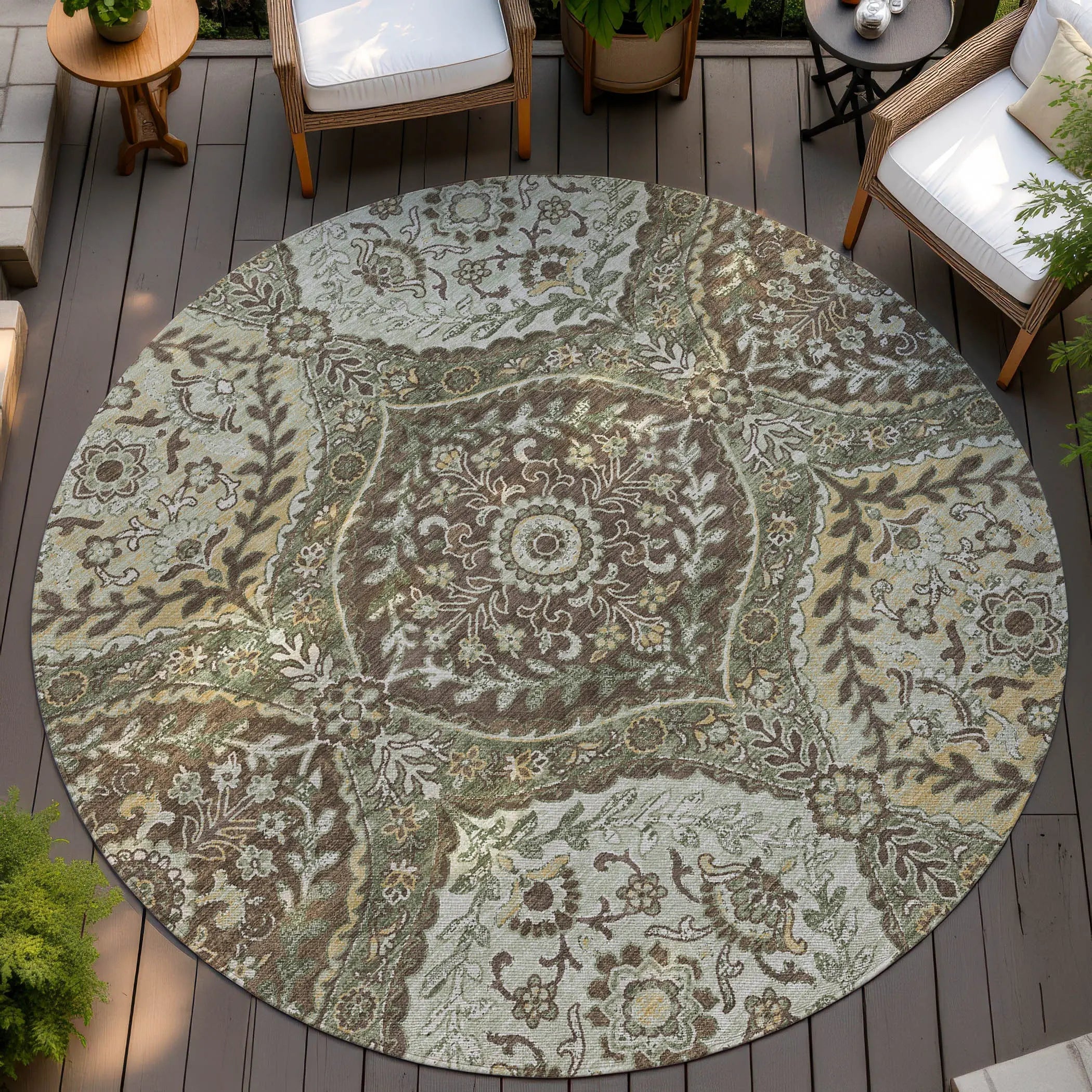 8' Olive Green And Blue Round Ogee Washable Indoor Outdoor Area Rug Homeroots Outdoor