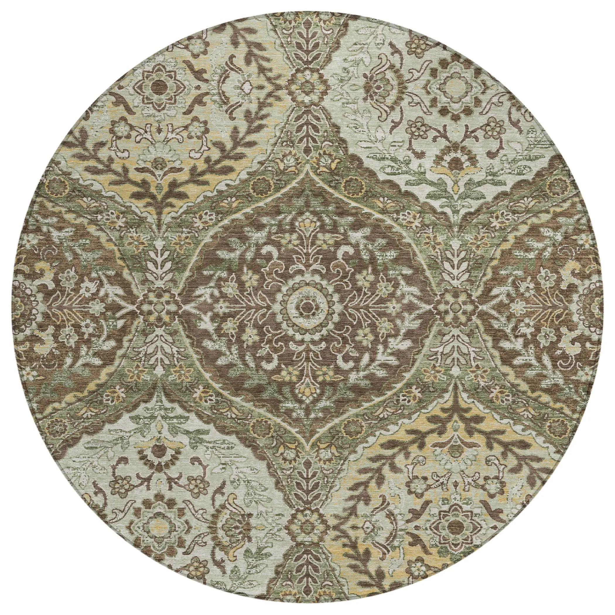 8' Olive Green And Blue Round Ogee Washable Indoor Outdoor Area Rug Homeroots Outdoor