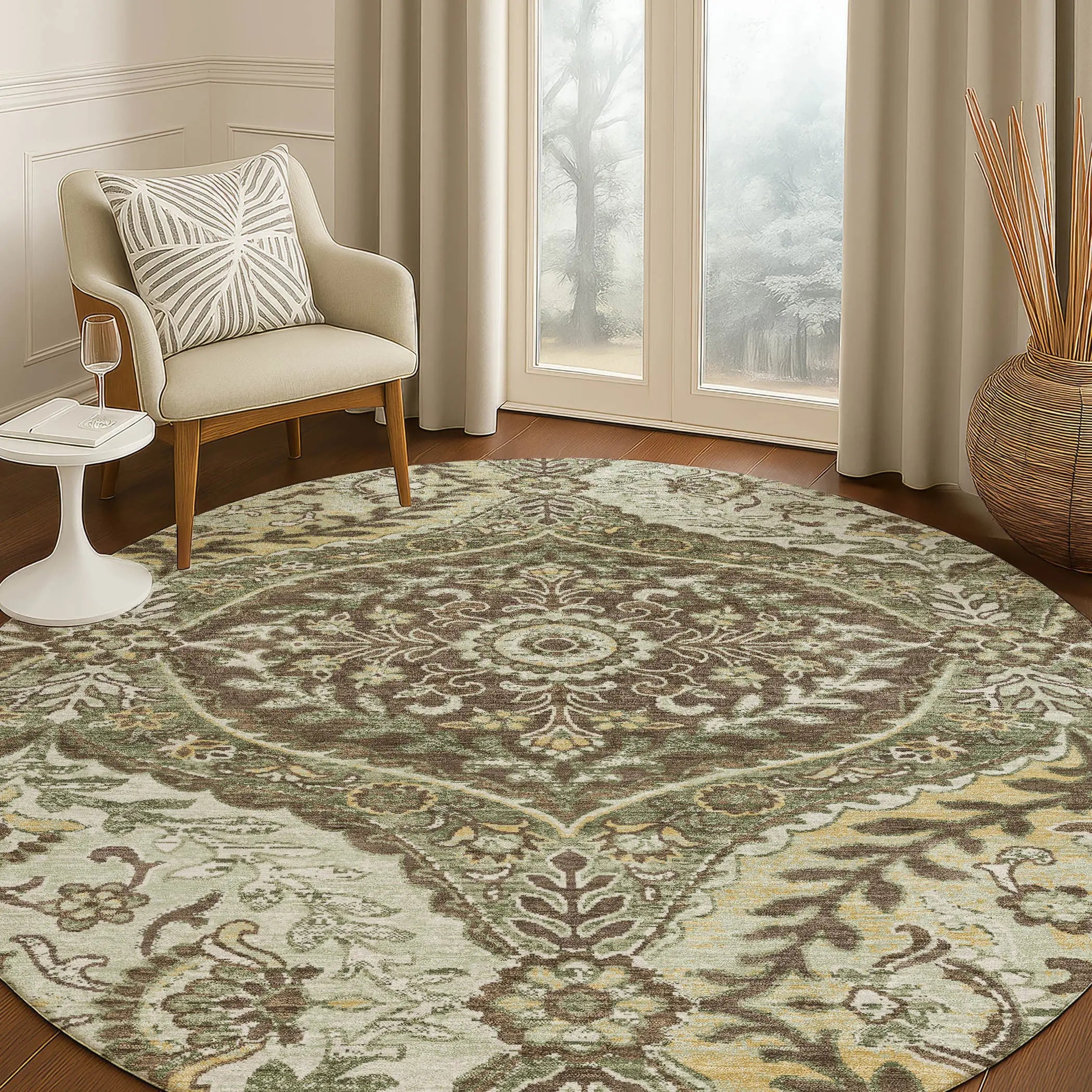 8' Olive Green And Blue Round Ogee Washable Indoor Outdoor Area Rug Homeroots Outdoor