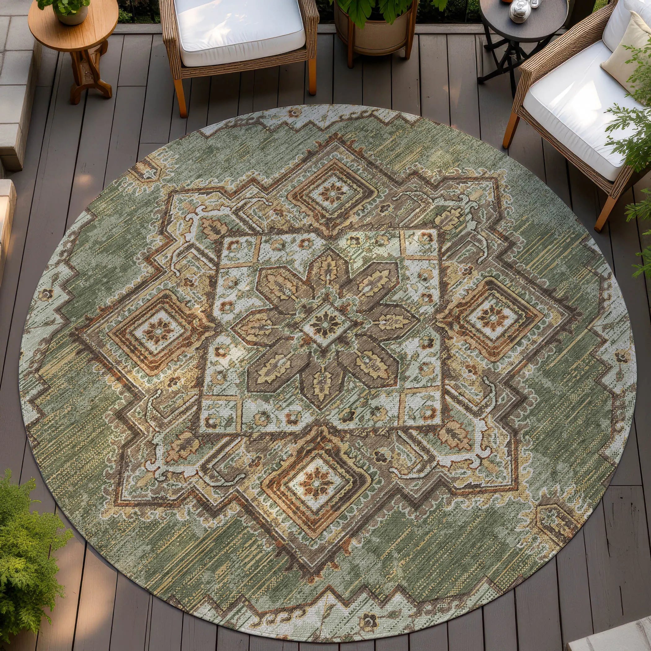 8' Olive Green And Blue Round Oriental Washable Indoor Outdoor Area Rug Homeroots Outdoor