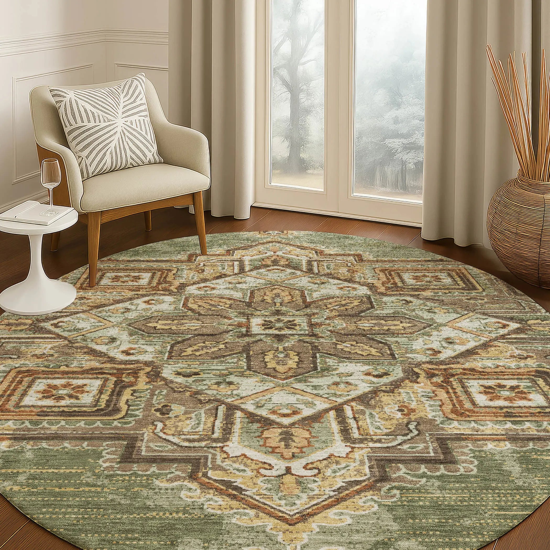 8' Olive Green And Blue Round Oriental Washable Indoor Outdoor Area Rug Homeroots Outdoor