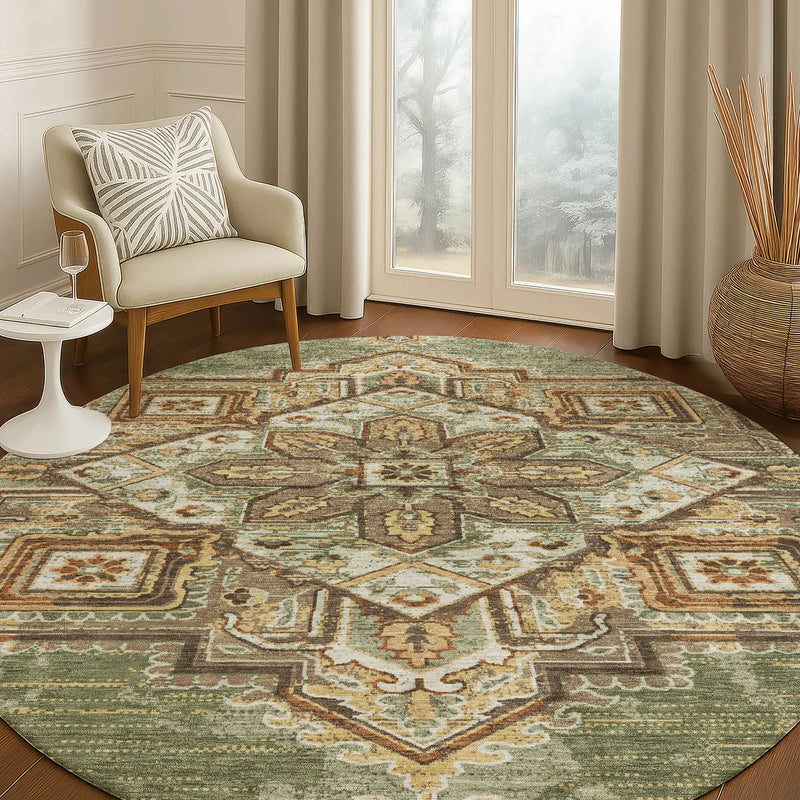 8' Olive Green And Blue Round Oriental Washable Indoor Outdoor Area Rug Homeroots Outdoor