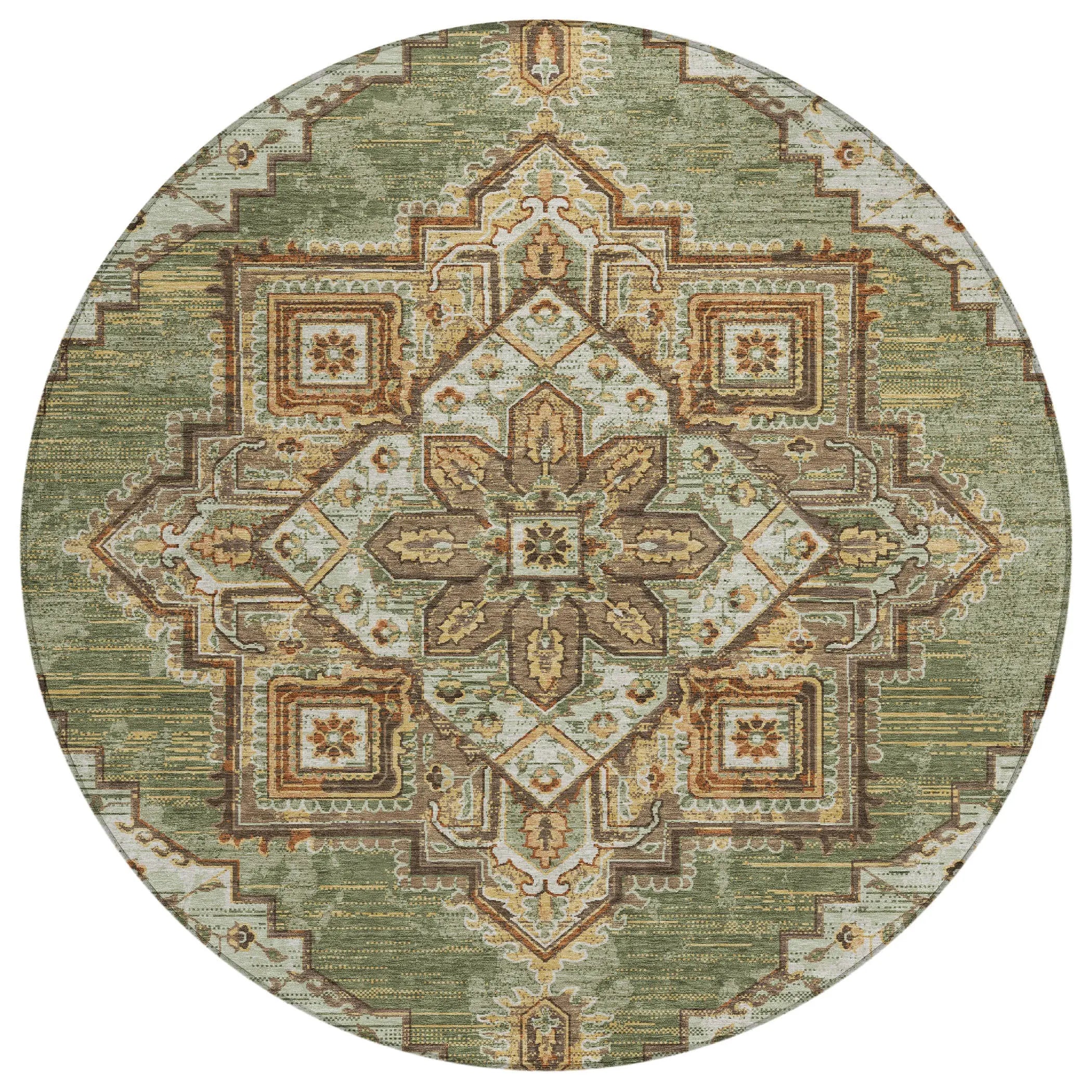 8' Olive Green And Blue Round Oriental Washable Indoor Outdoor Area Rug Homeroots Outdoor