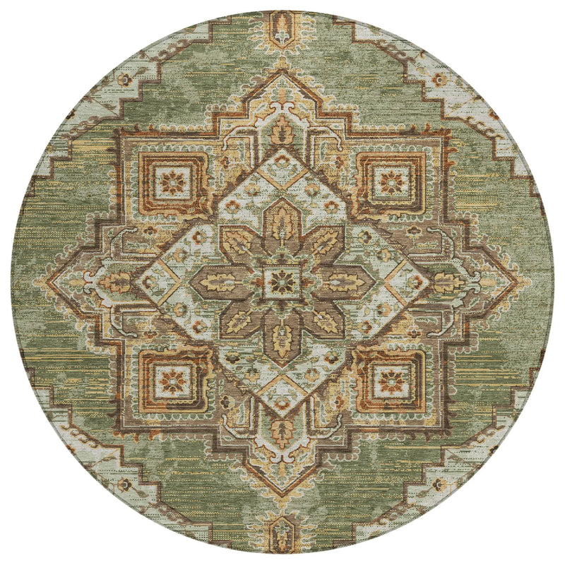 8' Olive Green And Blue Round Oriental Washable Indoor Outdoor Area Rug Homeroots Outdoor