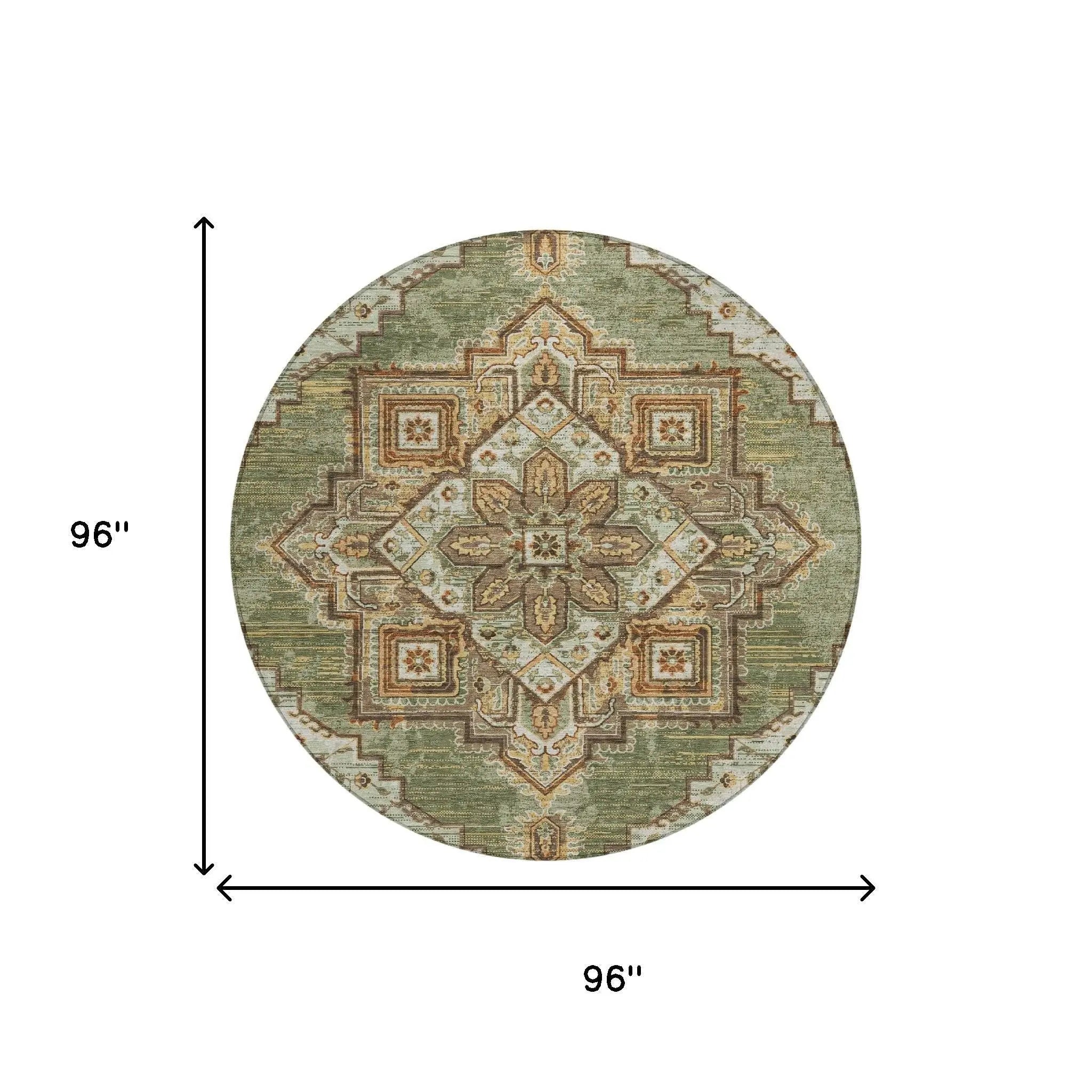 8' Olive Green And Blue Round Oriental Washable Indoor Outdoor Area Rug Homeroots Outdoor