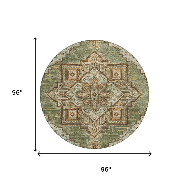 8' Olive Green And Blue Round Oriental Washable Indoor Outdoor Area Rug Homeroots Outdoor
