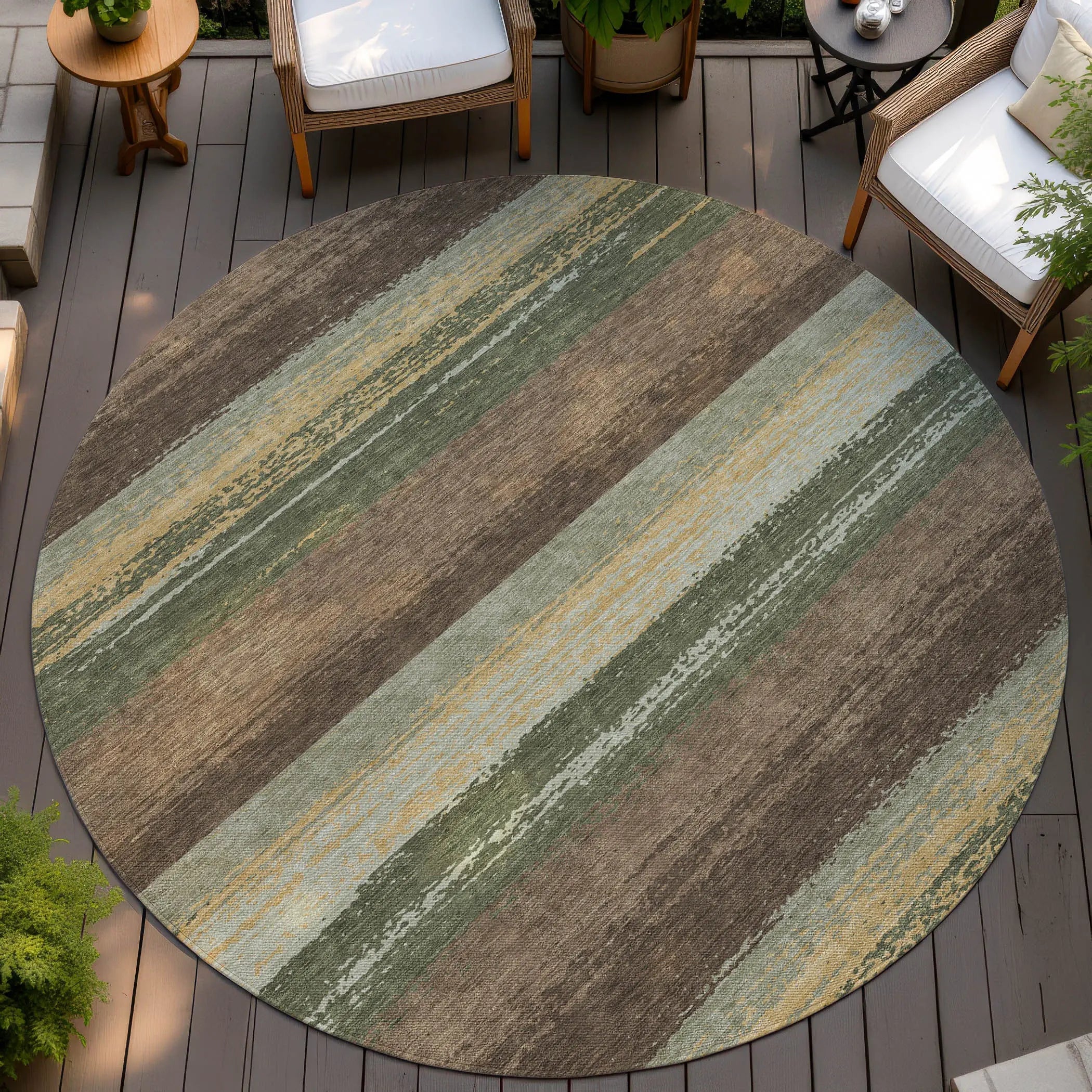 8' Olive Green And Blue Round Striped Washable Indoor Outdoor Area Rug Homeroots Outdoor