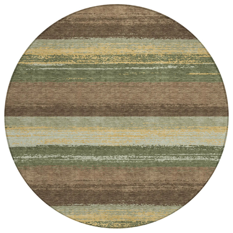 8' Olive Green And Blue Round Striped Washable Indoor Outdoor Area Rug Homeroots Outdoor