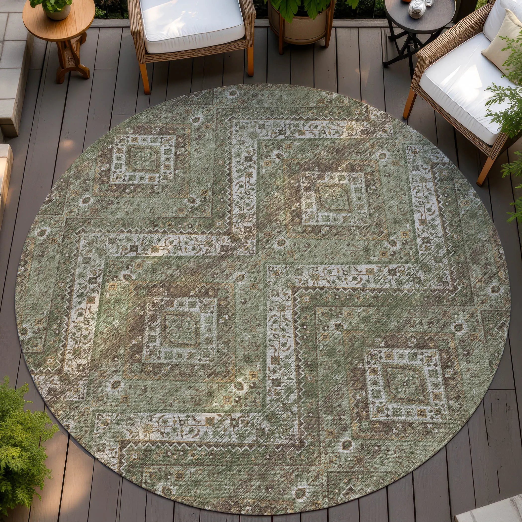 8' Olive Green And Blue Round Tribal Washable Indoor Outdoor Area Rug Homeroots Outdoor