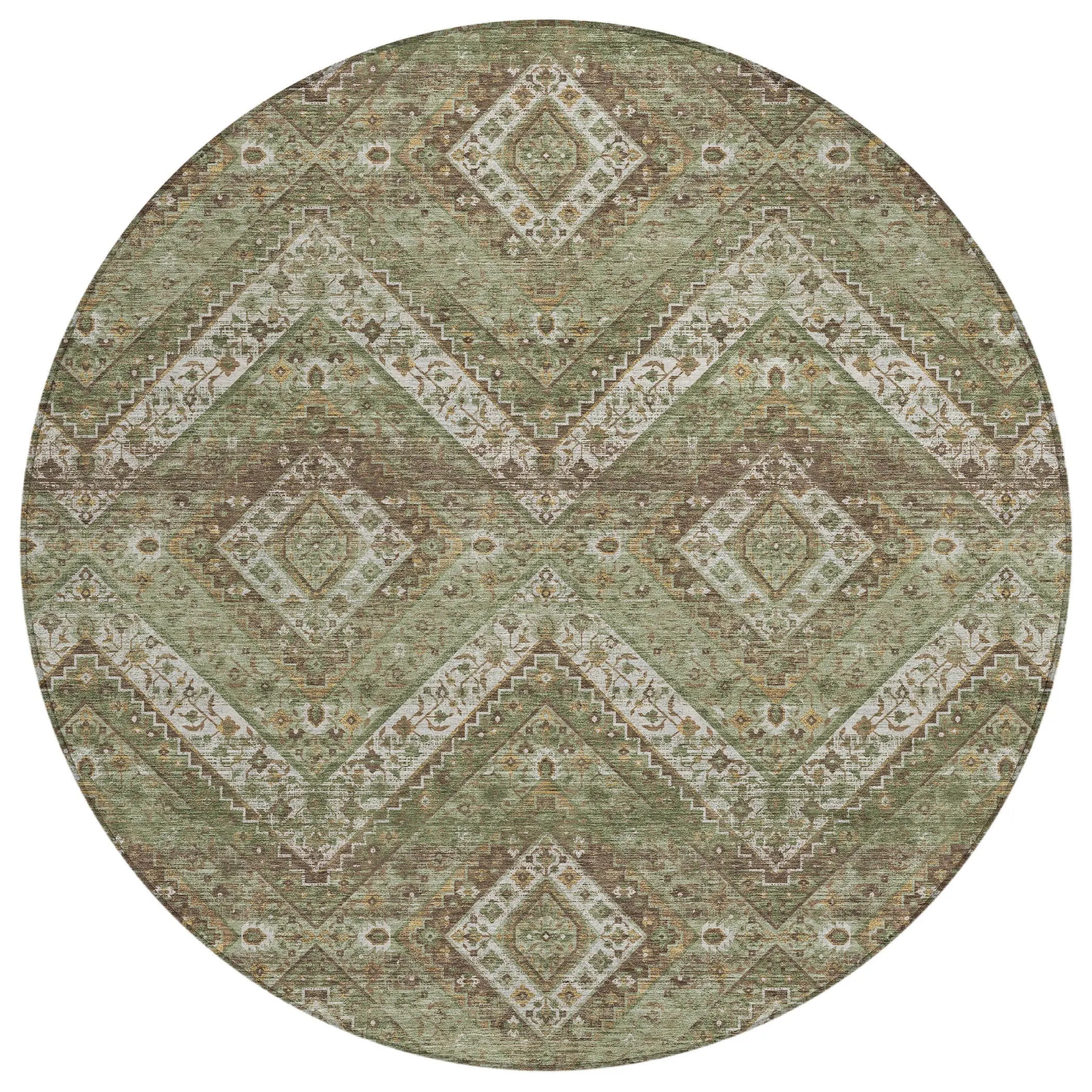 8' Olive Green And Blue Round Tribal Washable Indoor Outdoor Area Rug Homeroots Outdoor