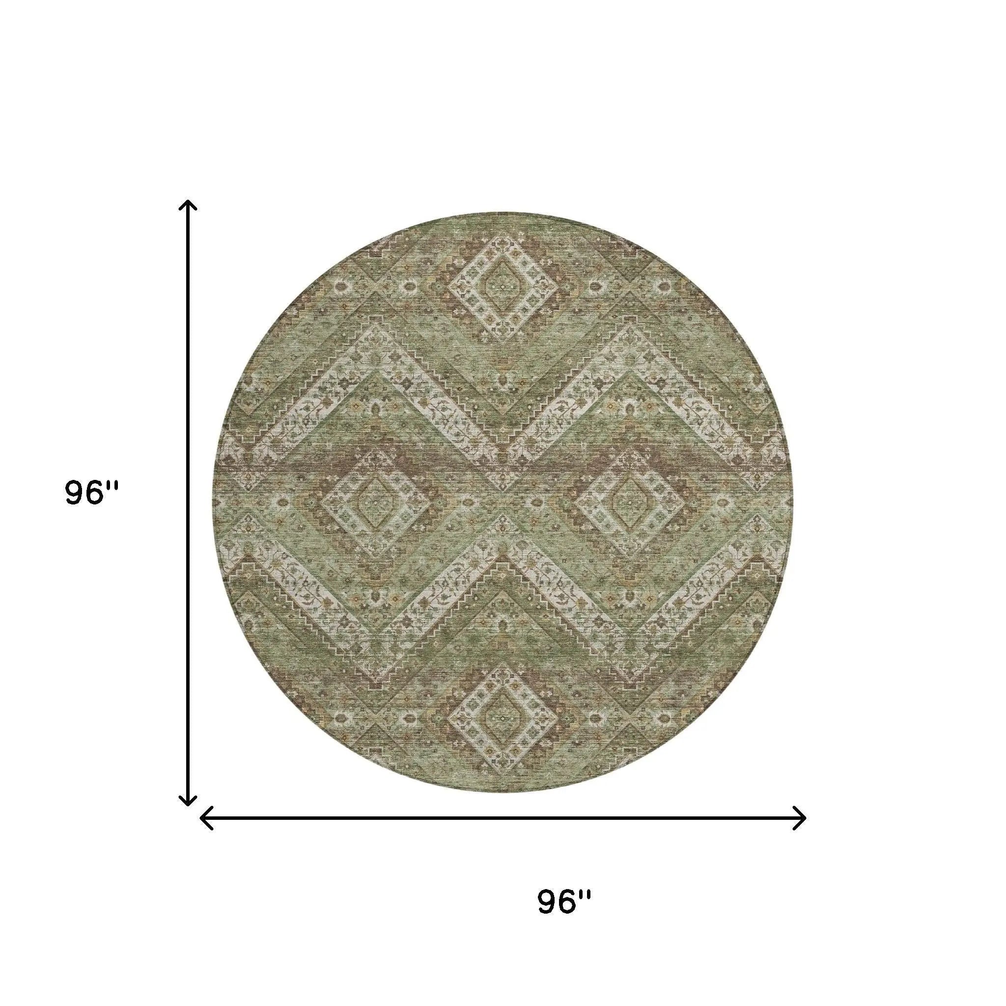 8' Olive Green And Blue Round Tribal Washable Indoor Outdoor Area Rug Homeroots Outdoor