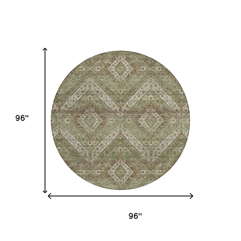 8' Olive Green And Blue Round Tribal Washable Indoor Outdoor Area Rug Homeroots Outdoor
