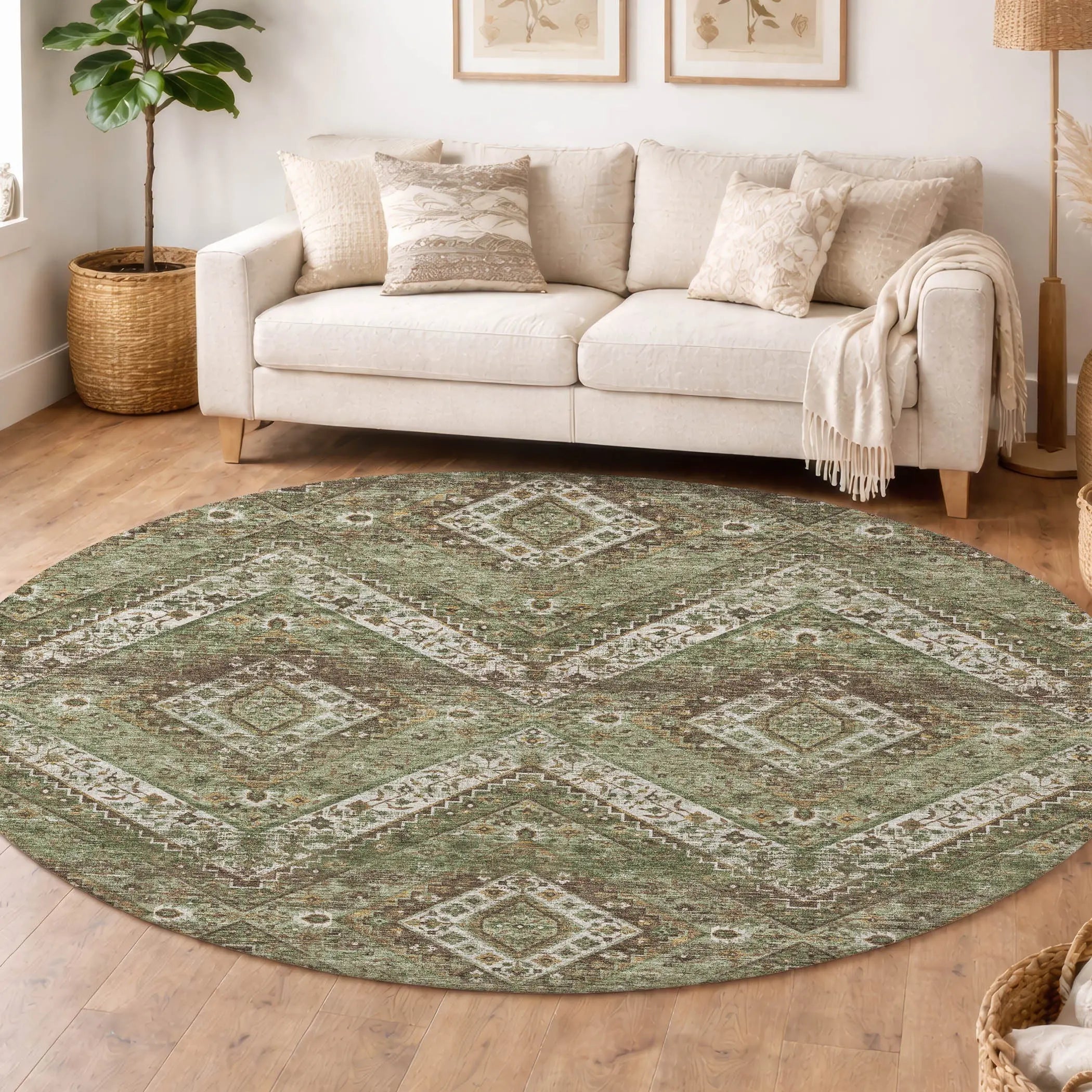 8' Olive Green And Blue Round Tribal Washable Indoor Outdoor Area Rug Homeroots Outdoor